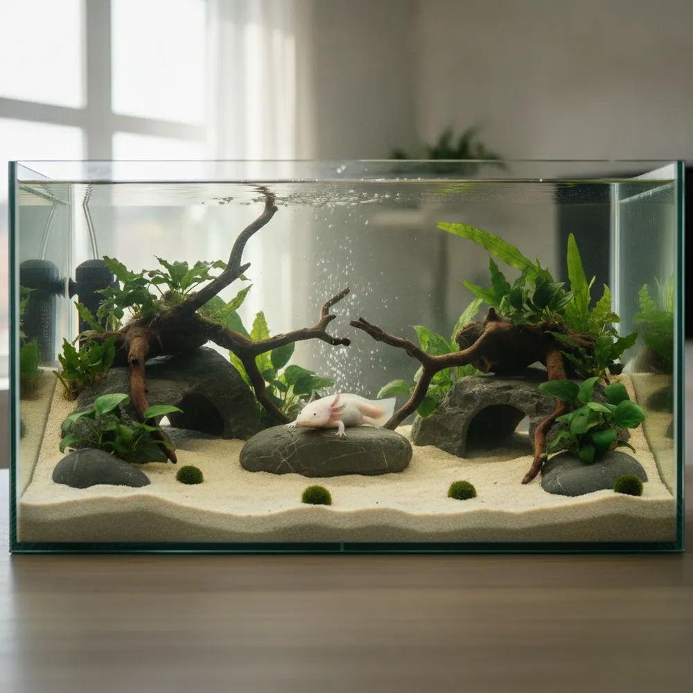Aquarium aménagé pour un axolotl avec sol en sable fin