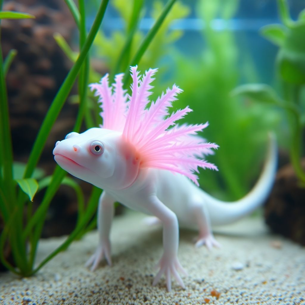 Axolotl leucistique blanc avec branchies roses dans un aquarium planté