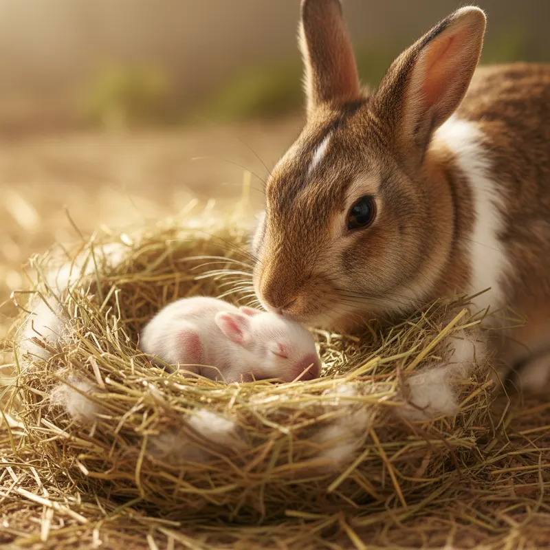 Bébé lapin lapereau nouveau-né dans son nid de foin