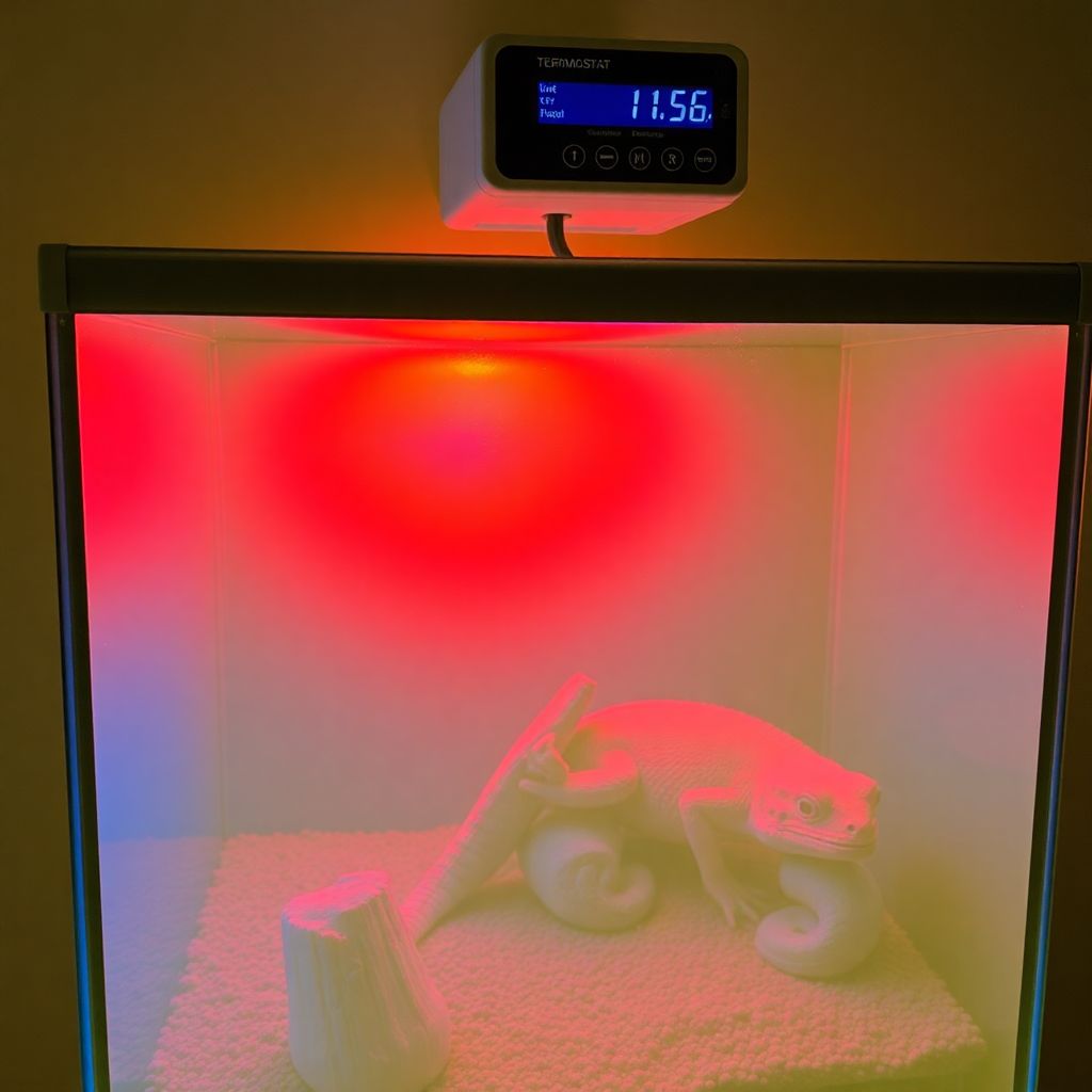 Tapis chauffant installé sous un terrarium avec thermostat