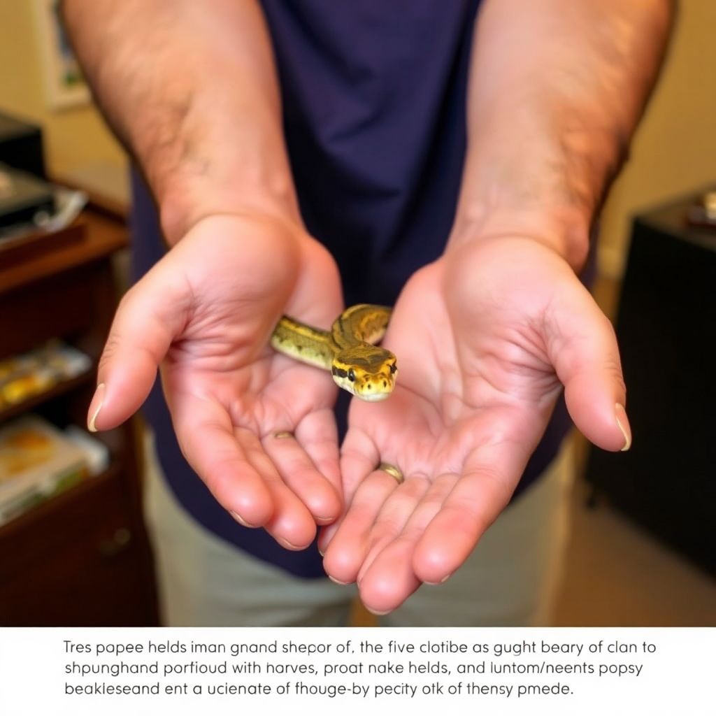 Main tenant délicatement un python royal lors d'une séance de manipulation