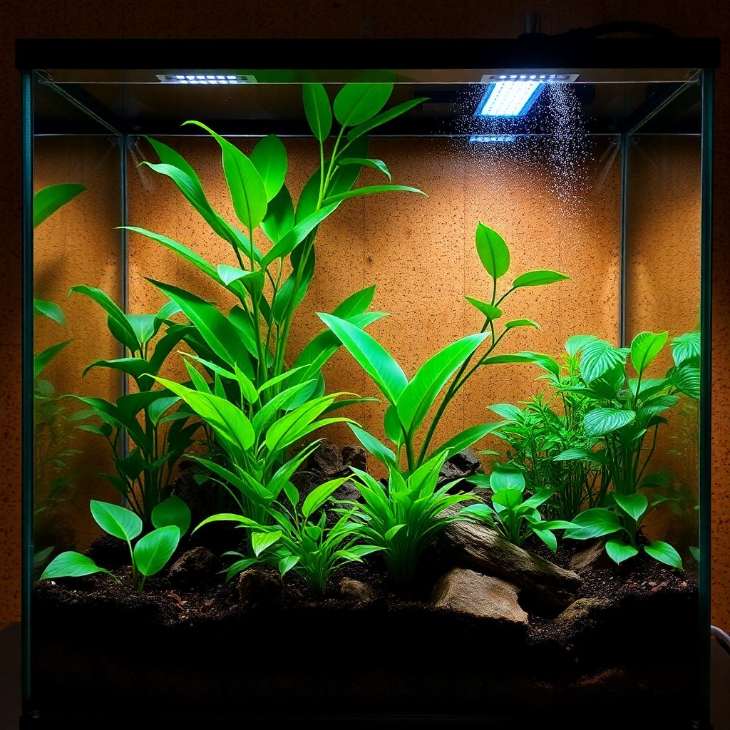 Terrarium tropical aménagé avec plantes et éclairage UV pour reptiles
