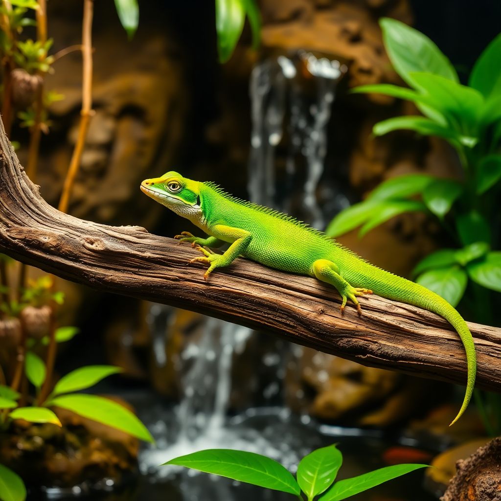 Dragon d'eau chinois vert vif sur une branche au-dessus de l'eau