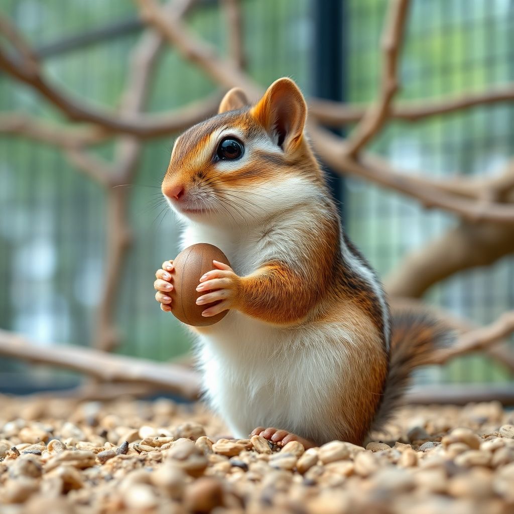 Écureuil de Corée aux rayures dorsales perché sur une branche dans sa volière