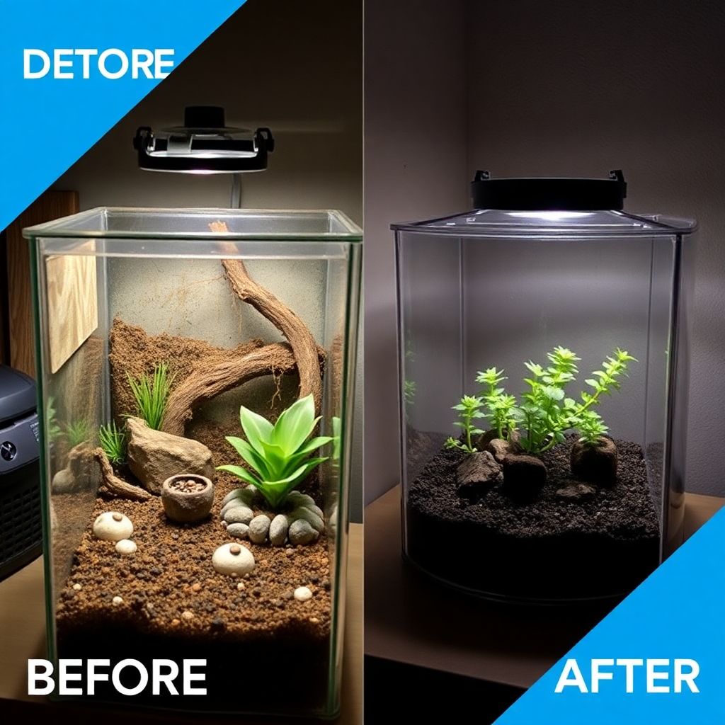 Terrarium de reptile mal installé avec un éclairage inadapté montrant les erreurs classiques