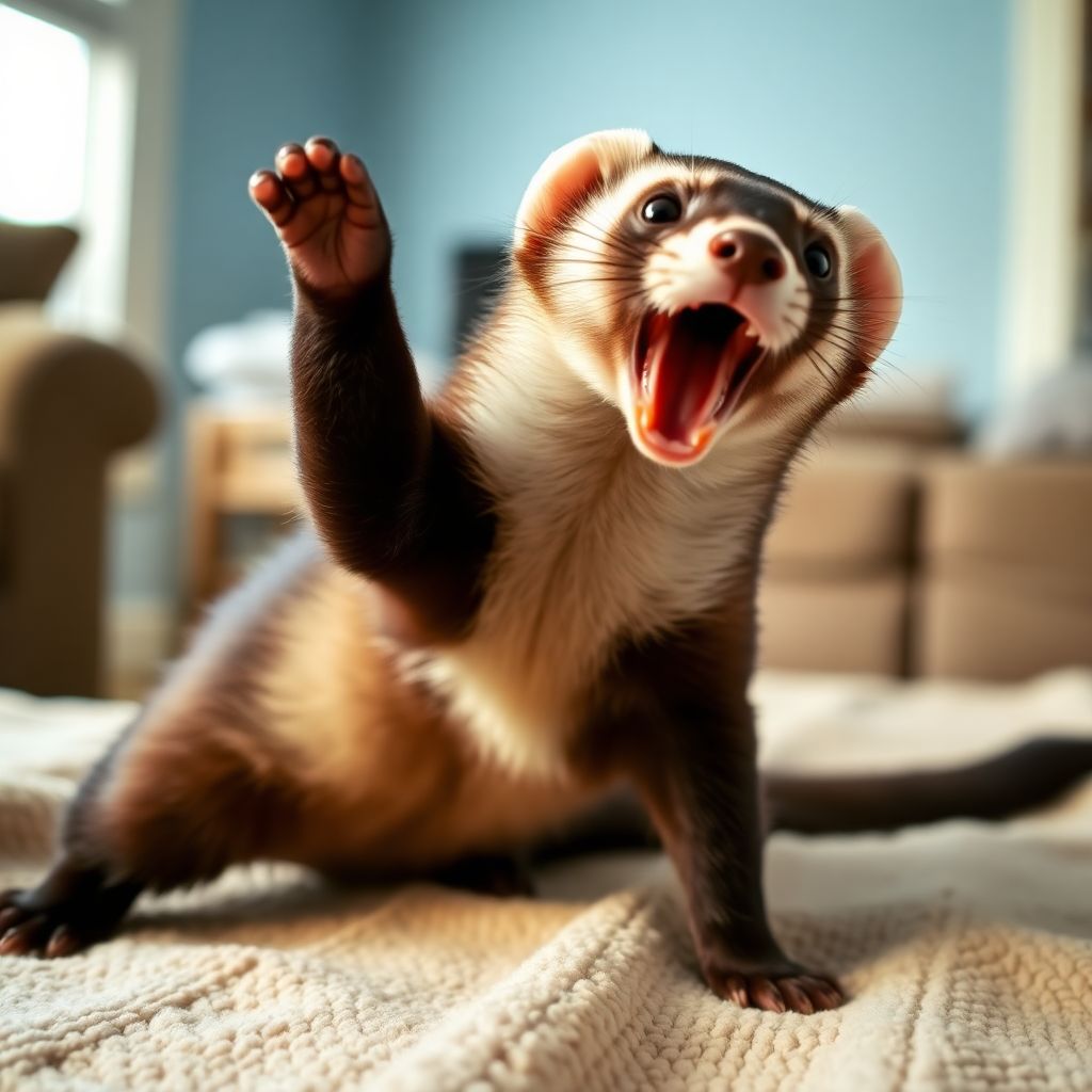 Furet putoisé jouant avec un jouet dans un salon sécurisé