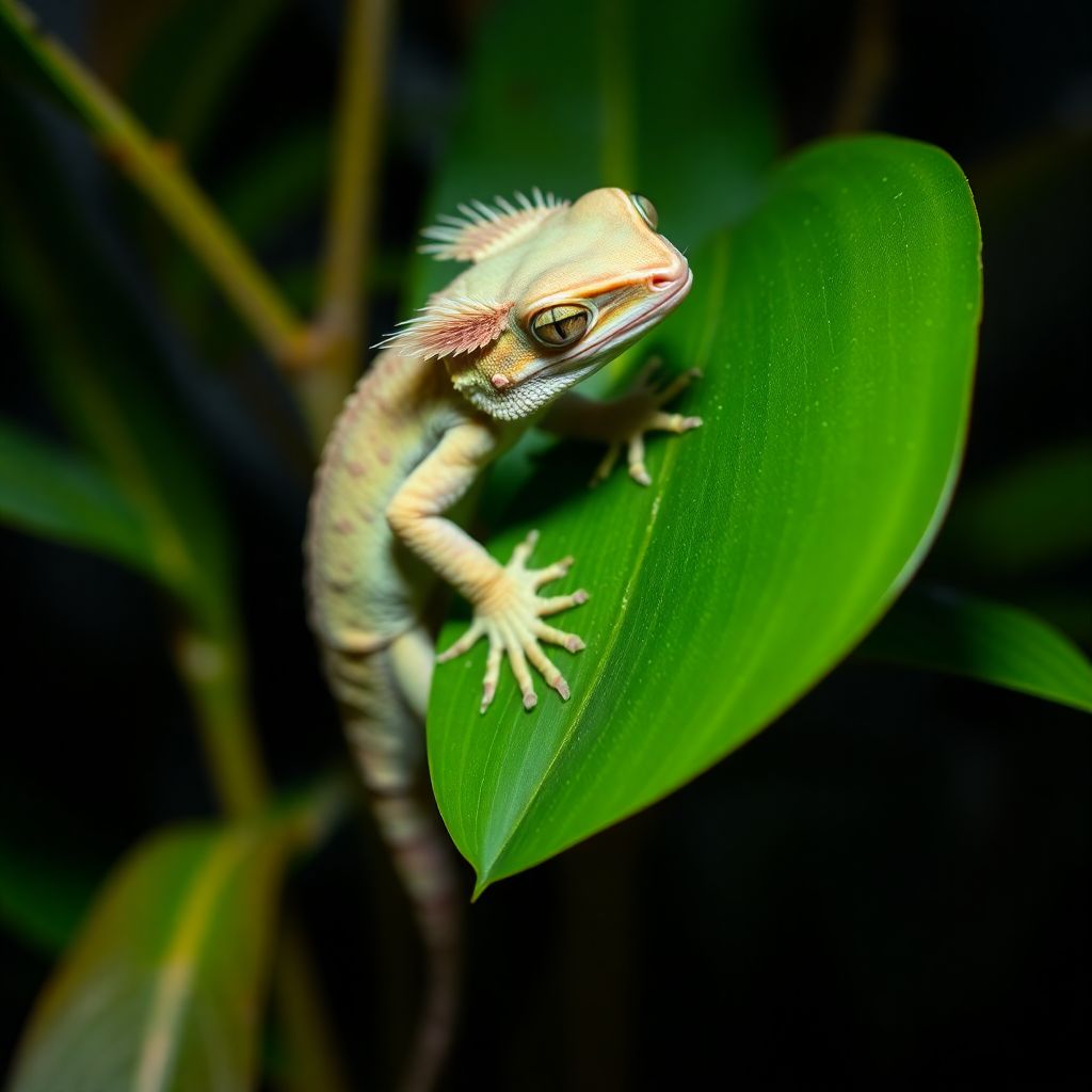 Gecko à crête perché sur une branche dans un terrarium tropical