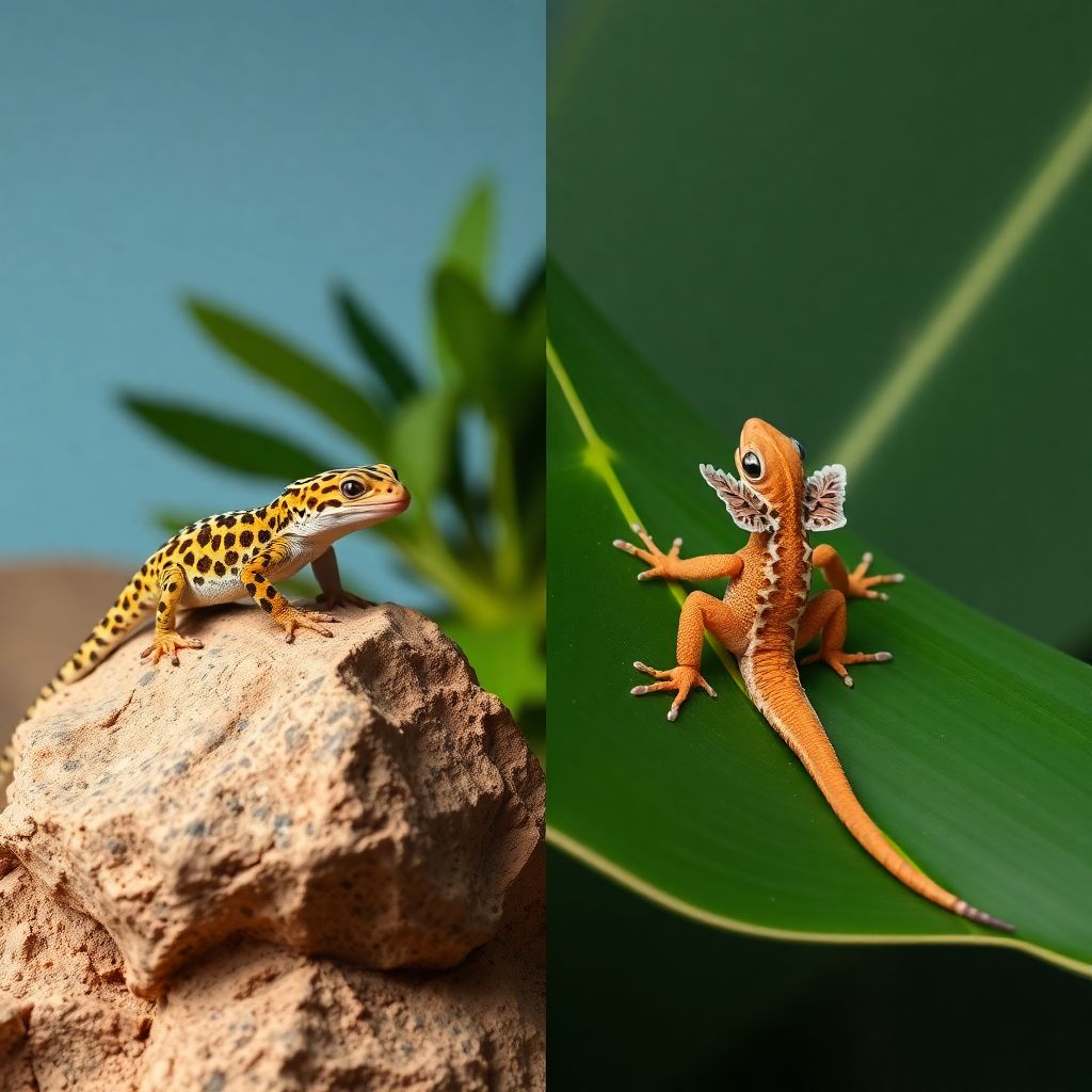 Gecko léopard et gecko à crête côte à côte pour comparaison