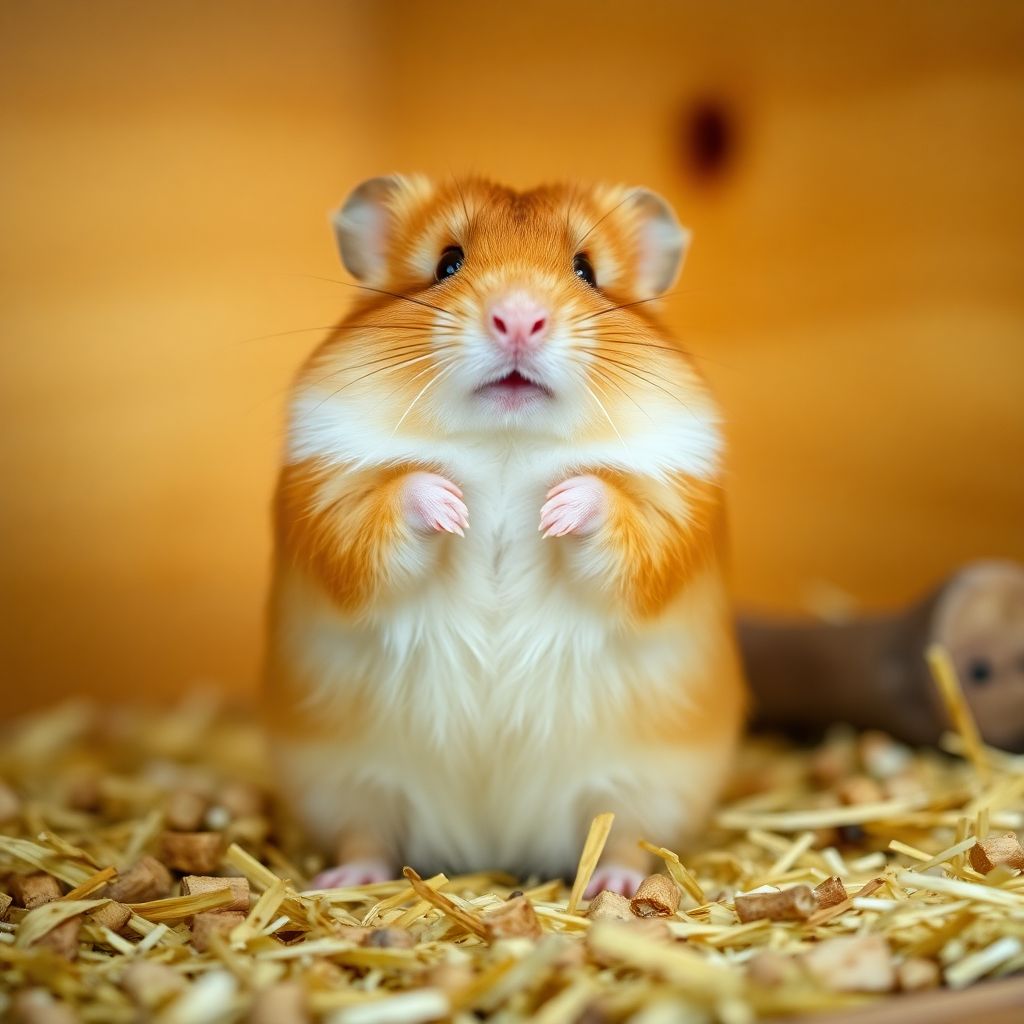 Hamster syrien doré dans sa cage avec litière naturelle