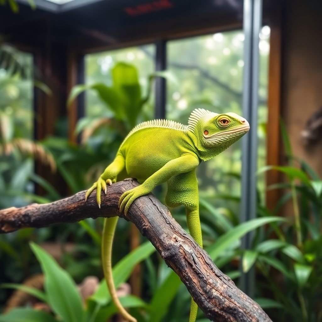 Iguane vert adulte perché sur une branche dans un grand terrarium tropical