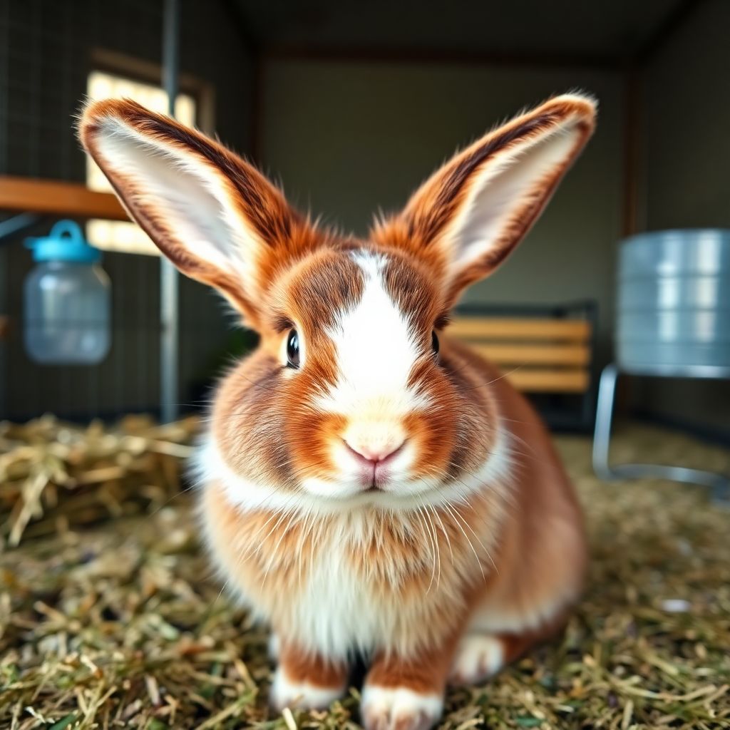 Lapin nain bélier dans un enclos intérieur avec tunnel et foin