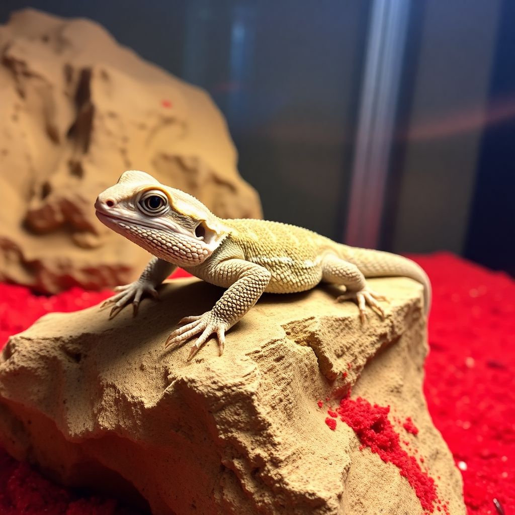 Pogona henrylawsoni sur un rocher dans un terrarium désertique