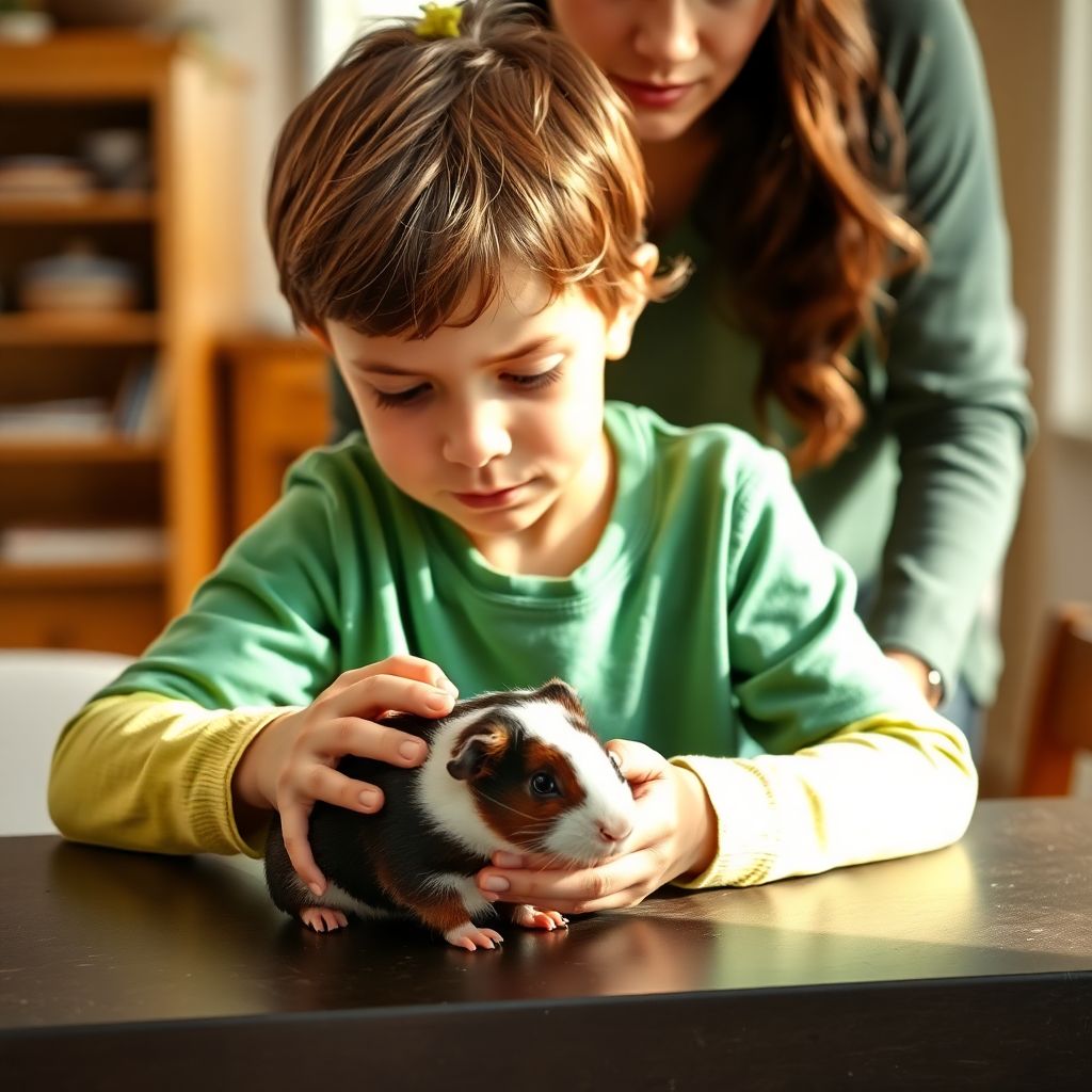 Enfant tenant délicatement un cochon d'Inde avec un adulte superviseur