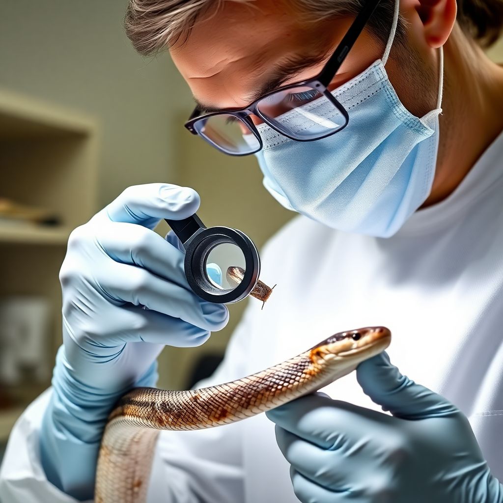 Examen vétérinaire d'un serpent pour détecter des parasites externes
