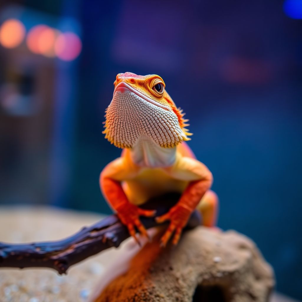 Dragon barbu pogona vitticeps sur une branche dans son terrarium
