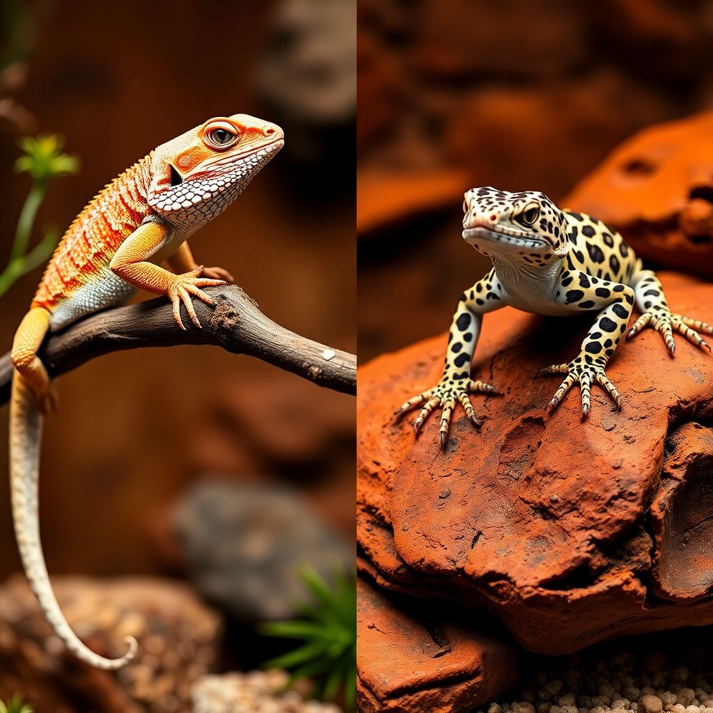 Pogona vitticeps et gecko léopard comparés dans leurs terrariums