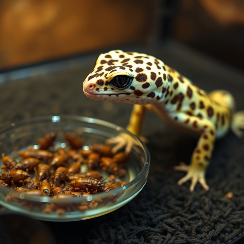 Gecko léopard devant un bol de grillons qu'il refuse de manger