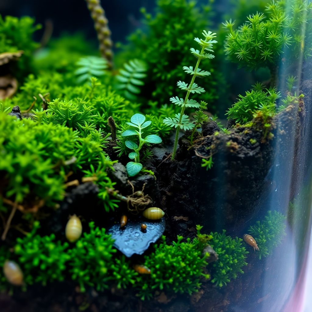 Terrarium bioactif luxuriant avec plantes vivantes et isopodes