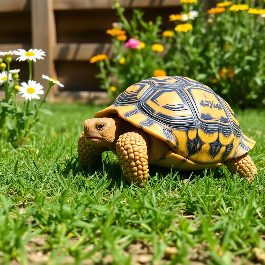 Tortue d'Hermann dans un enclos extérieur ensoleillé avec herbes